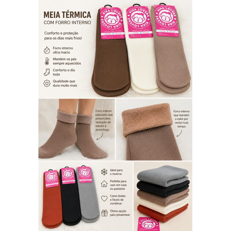 Meia Térmica Feminina Forrada Peluciada Quentinha Para Frio Inverno Do 34 ao 38