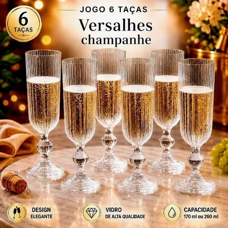 Jogo 6 Taça de Vidro Champagne Versalhes170ml  260m,l Gold 340ml,  320ml Ou Athens 380ml