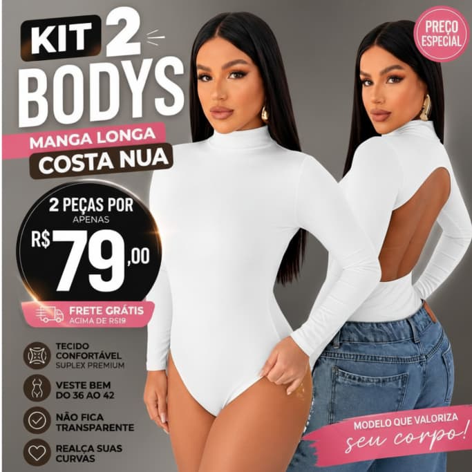 KIT 2 BODYS FEMININO MANGA LONGA, COSTA NUA, COMO BOJO, MODELADOR VESTE 36-42
