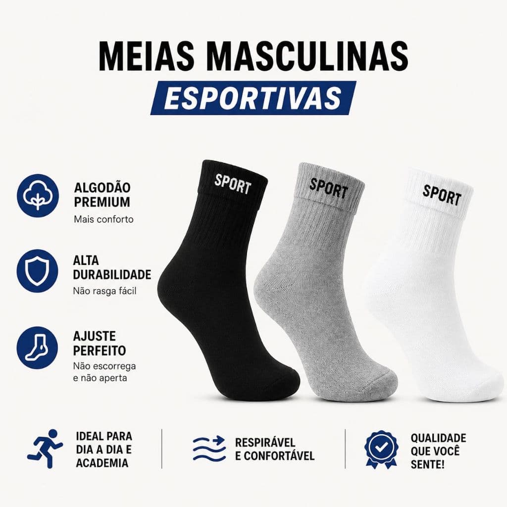 Meias Masculinas Esportivas de Algodão, Cano Alto/Longo | Kit 1, 3 ou 6 Pares |