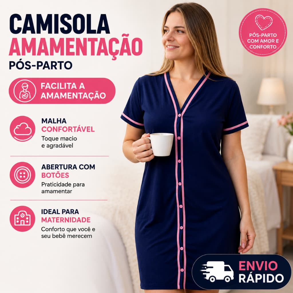 Camisola Amamentação Pós-Parto com Botões | Malha Confortável | Maternidade