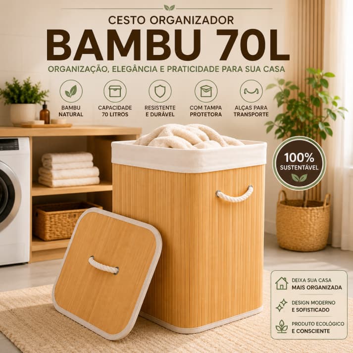 Cesto Organizador Bambu 70L Com Tampa Alças Dobrável Lavanderia Roupas Premium