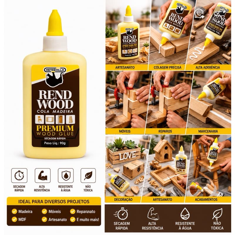Cola para Madeira Amarela Rend Wood Premium 90g – Secagem Rápida
