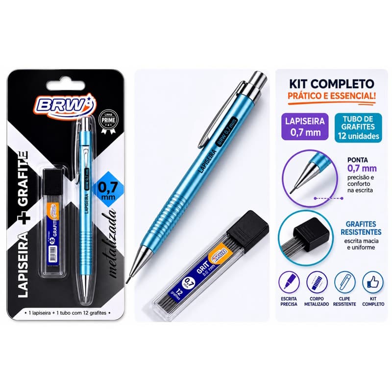 Lapiseira Metalizada Azul BRW 0.7mm + Tubo de Grafites –  Kit 1 Lapiseira e 1 Tubo de Grafite