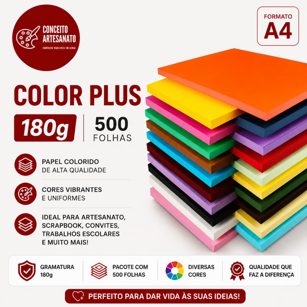 Papel Color Plus A4 180g 500 Folhas - Massa Colorida - Várias Cores