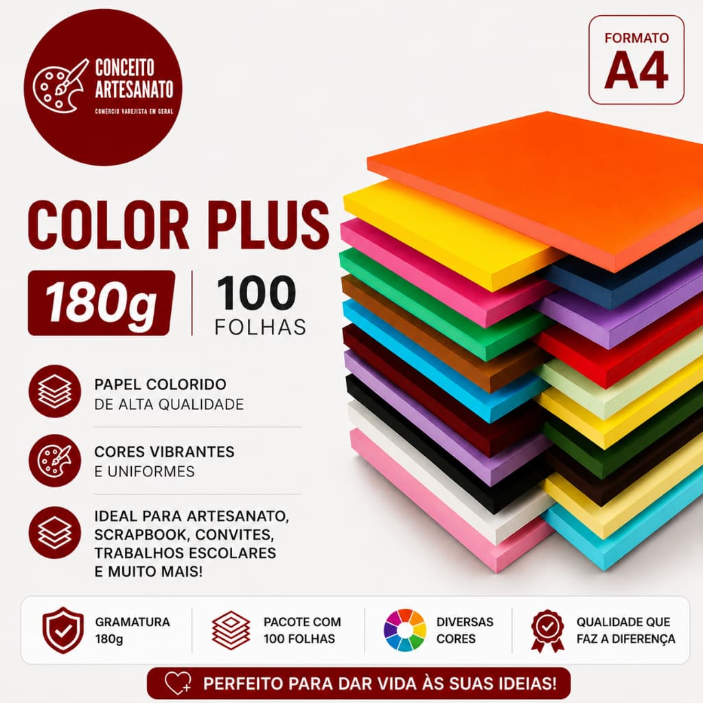 Papel Color Plus 180g - A4 Massa Colorida - 100 Folhas várias cores
