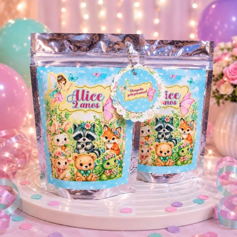 Saquinho Metalizado Zip Lock Bosque Encantado Personalizado | Lembrancinha Festa Infantil