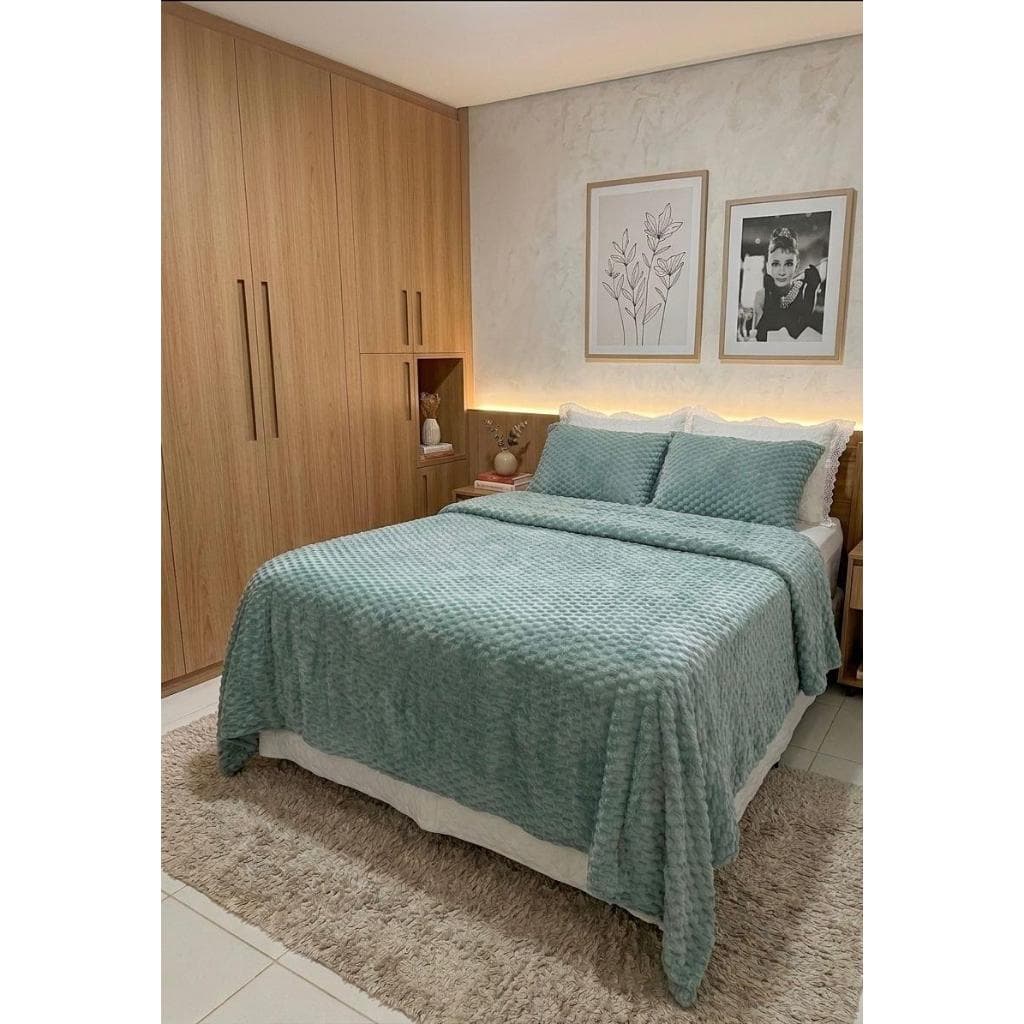 Kit Colcha Manta Casal Quenn 2,20x2,60 Aveludada Trançada e Zig Zag Antialérgica Duas Fronhas Cobertor