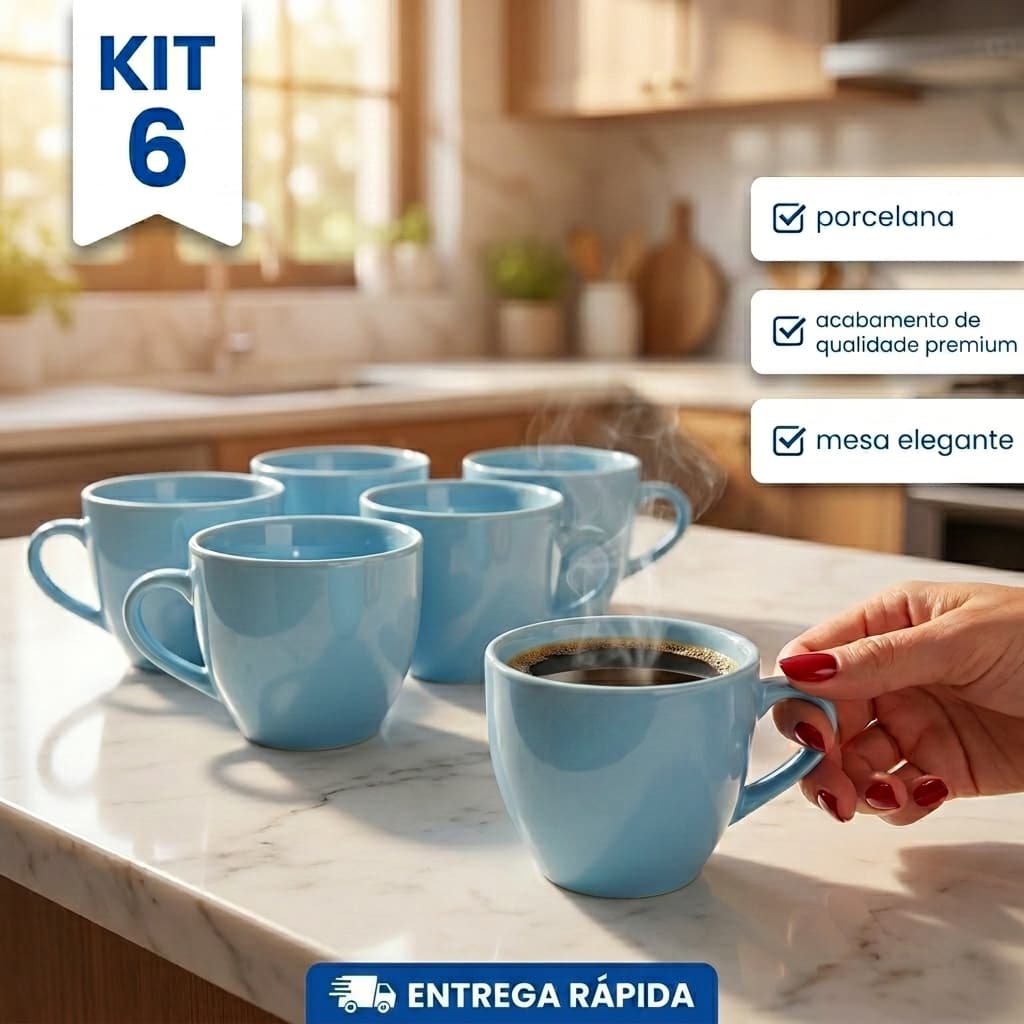 Kit Jogo de 6 Xicara Caneca Lisa Chá Café Leite Porcelana Azul 170ml xicara Decoracao Cozinha