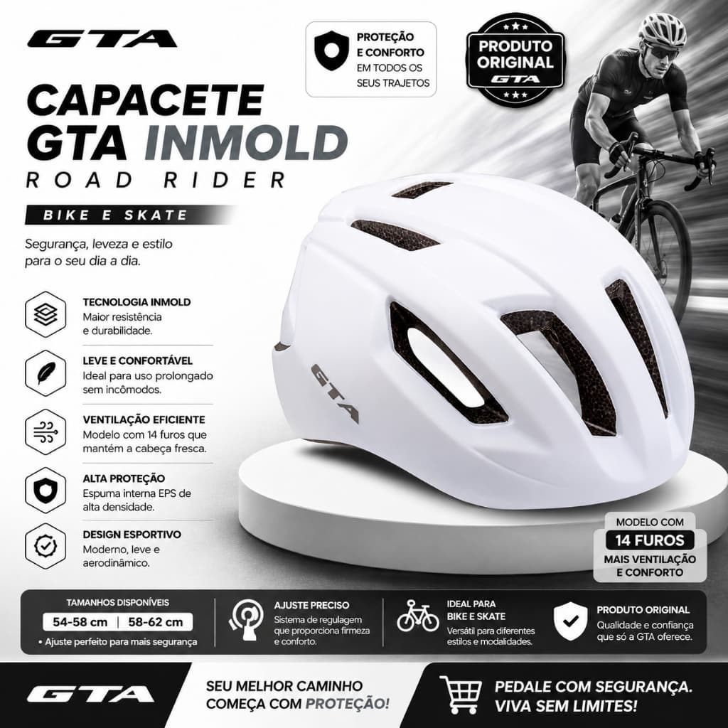 Capacete Inmold Road Rider GTA tamanho 58-62 14F cor branco skate patins bike original qualidade