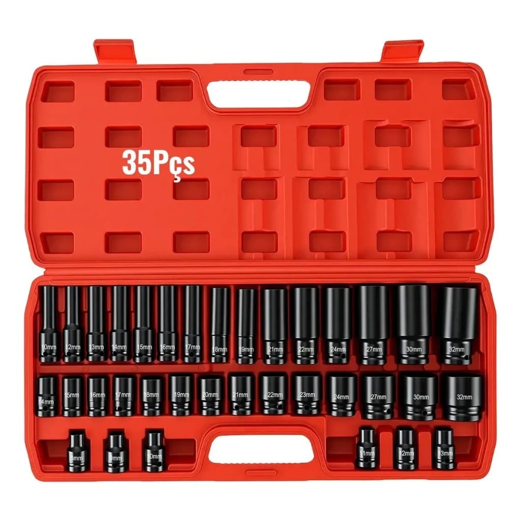 35 Piece Impact Socket Set Kit Hex 1/2 8-32 Mm Wrench Jogo de Soquetes Impacto Peças 1/2" Cromo-Molibdênio com Estojo