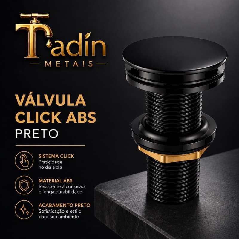Válvula Click ABS Preta Fosca Para Pia Lavatório Banheiro Moderna