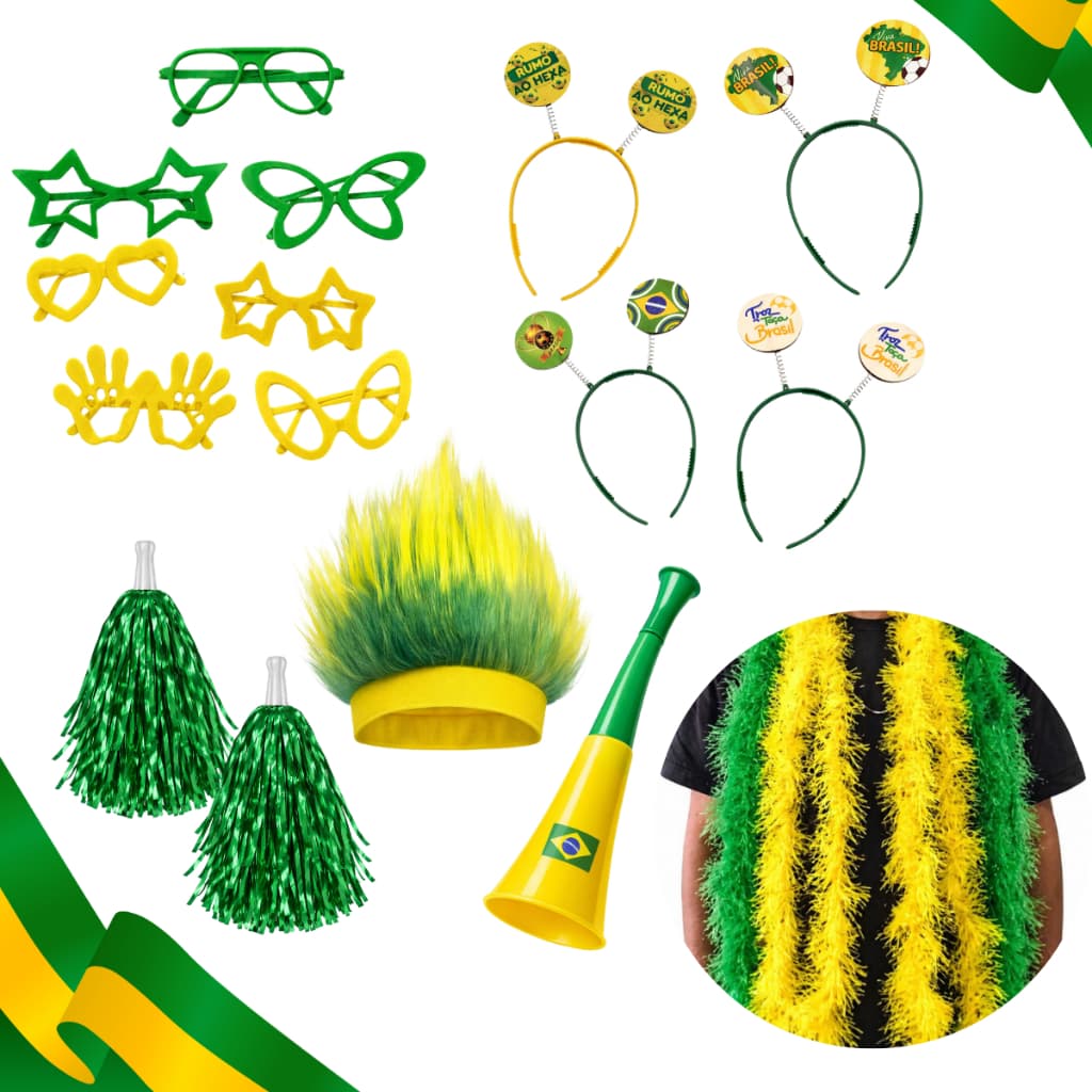 Kit Torcida Brasil Copa do Mundo 30 Itens BR Óculos Tiara Peruca Corneta e Pom Pom Hexa