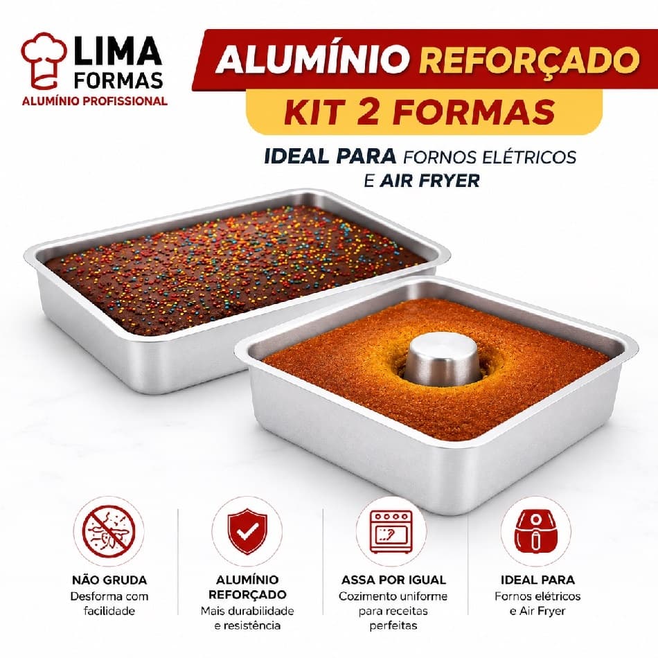 Kit 2 Formas Alumínio Para Bolos, Forma Retangular + Forma Pudim Quadrada Suíça