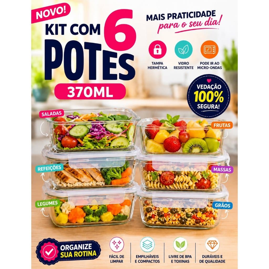 Kit Pote De Vidro Retangular Com Tampa Hermética 370ML - 6 Unidades