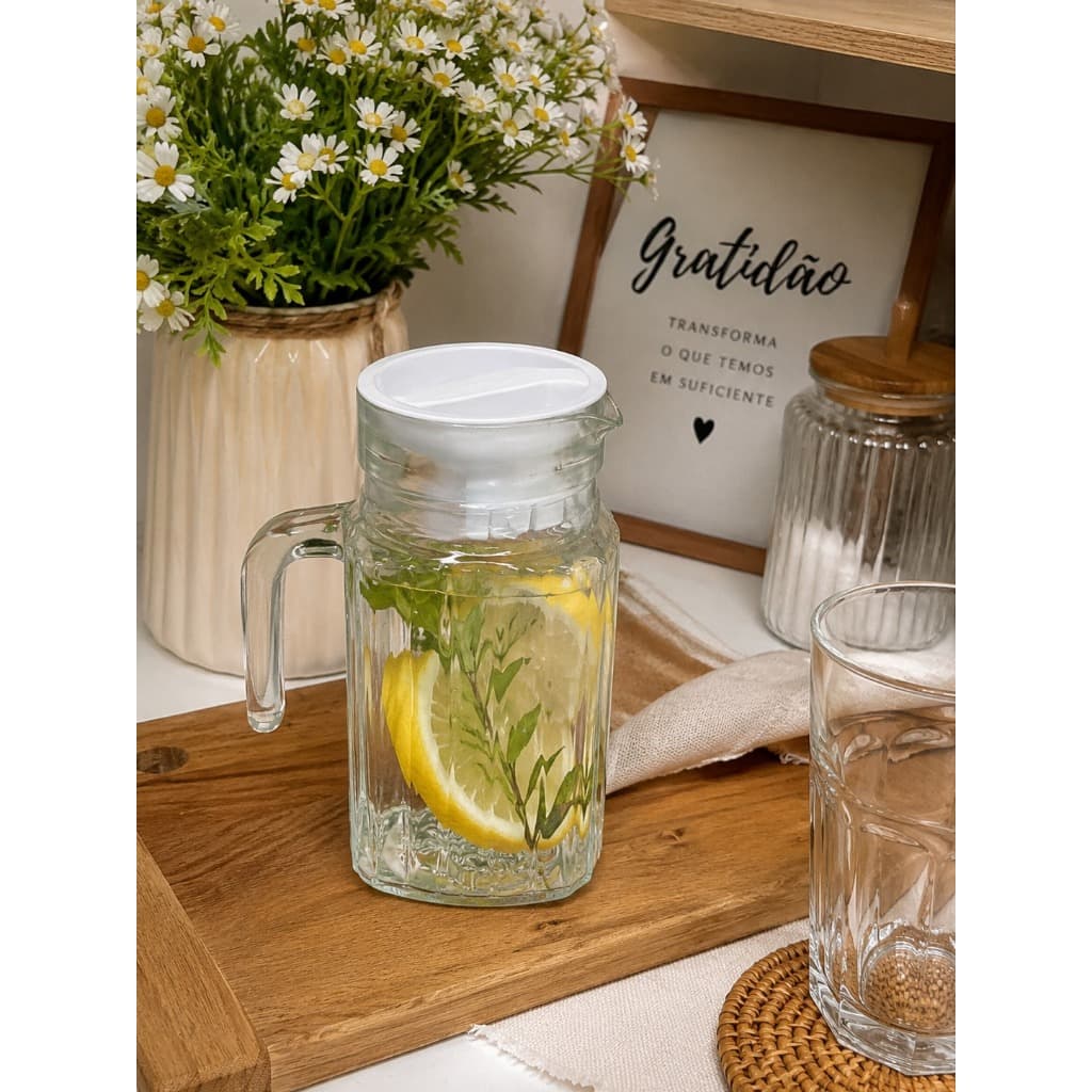 Jarra Vidro Tampa Branca Suqueira Água Suco Chá Gelado Mesa Posta Drink Recipiente Bebidas Pequena