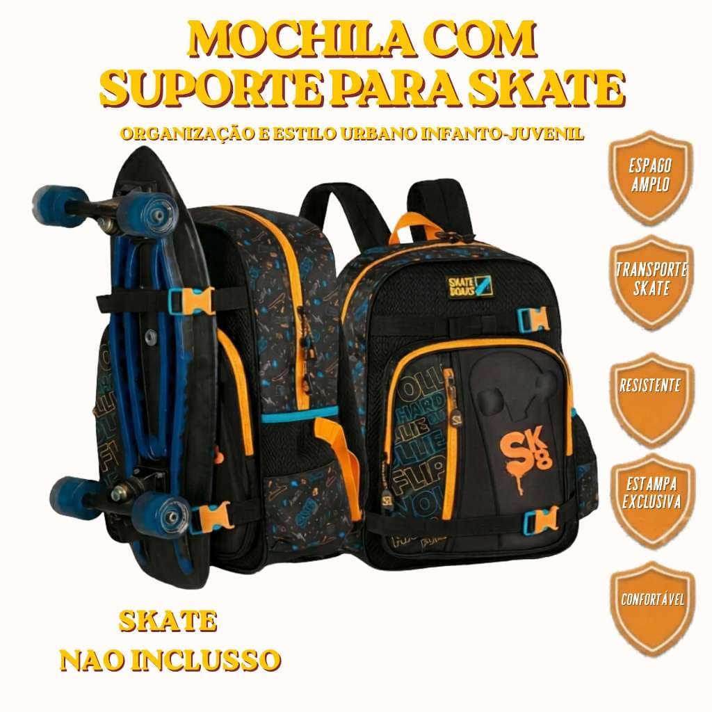 Mochila Escolar Infantil Com Suporte Para Skate Reforçada Masculina Juvenil Resistente Estilo Urbano
