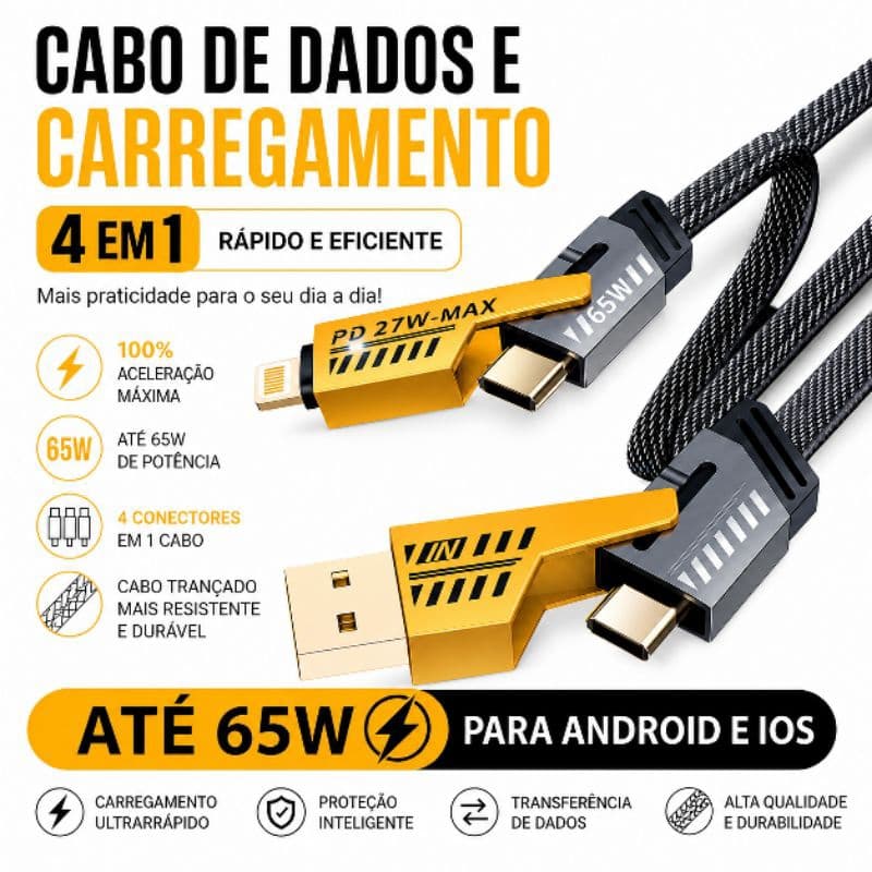 Cabo Usb Turbo 65w Carregador 4 em 1 Tipo C para iPhone Xiaomi 1m