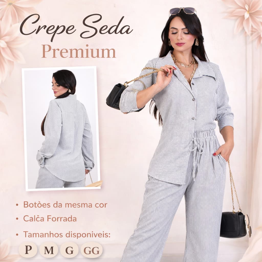 conjunto social camisa pantalona feminino crepe seda premium listrada, botão combinando calça e forrada