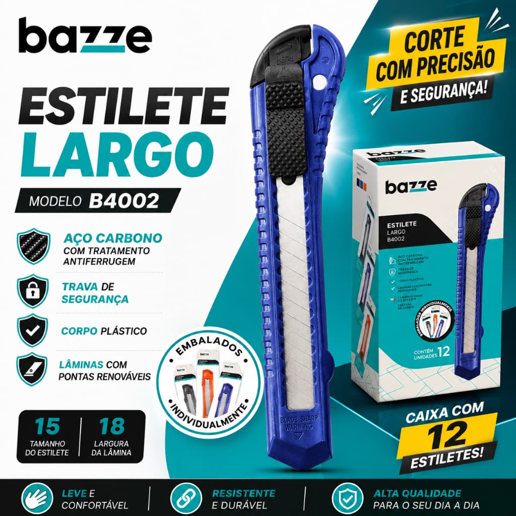 Kit Caixa com 12 Estiletes Largos Bazze B4002 Profissionais com Trava de Segurança