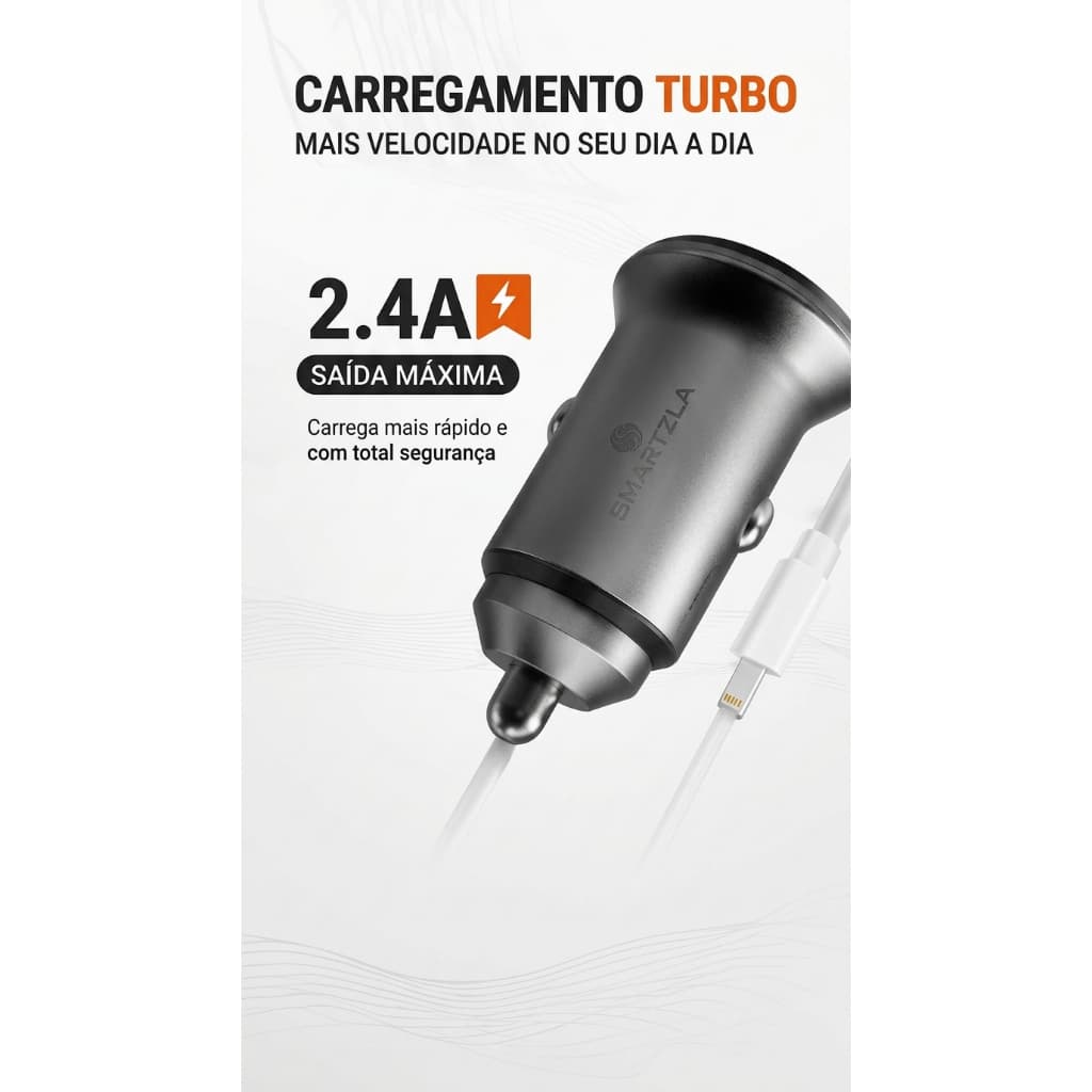Carregador Veicular Turbo Rápido USB Cabo Tipo C Lightning Smartzla COD CCT