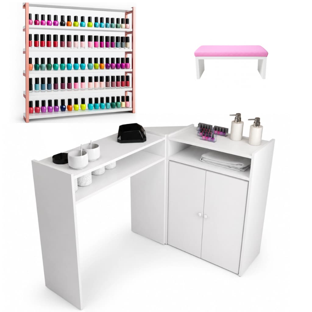 Mesa Manicure Em L  Escrivaninha Spa Decoração Salão + Esmalteira Em Metalon + Apoio Para Mãos