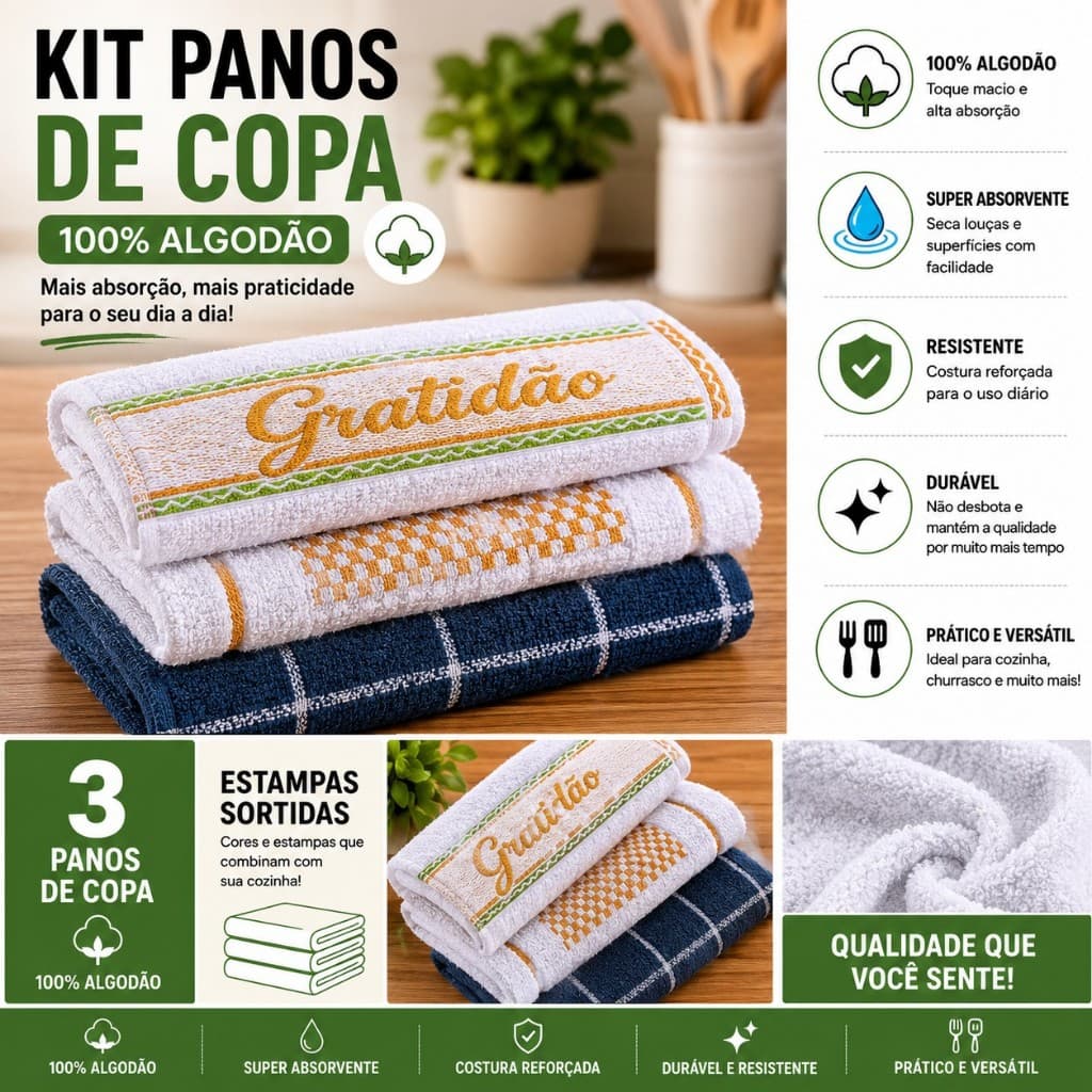Pano de Copa Algodão 45x65 - Alta Absorção - Kit com 3