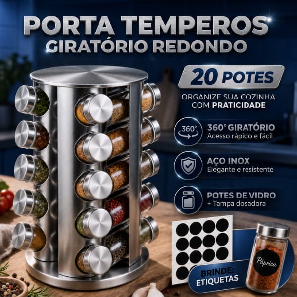 Porta Tempero Condimentos Aço escovado Rose Gold ou Inox 20 Potes Giratorio Redondo com Etiquetas