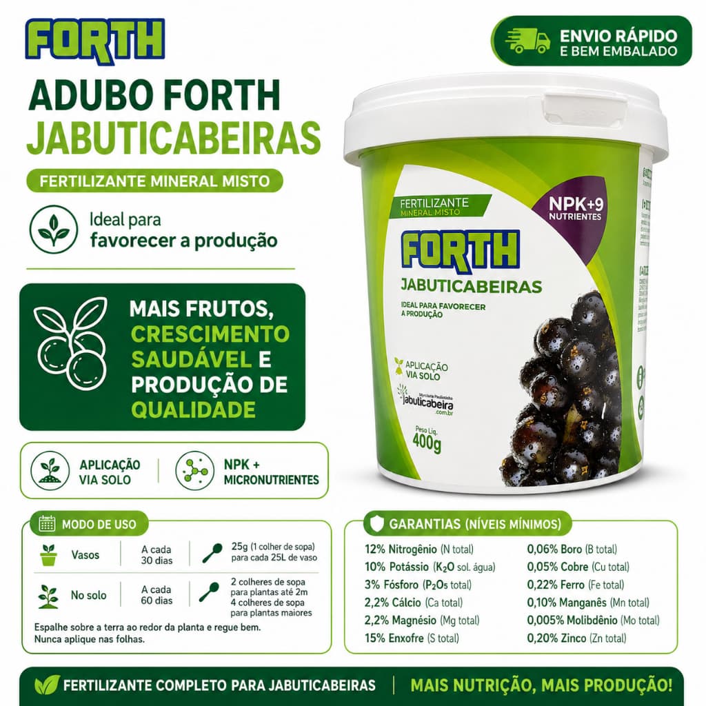 Fertilizante Jabuticabeiras Forth 400g NPK+9 Para Crescimento e Produção