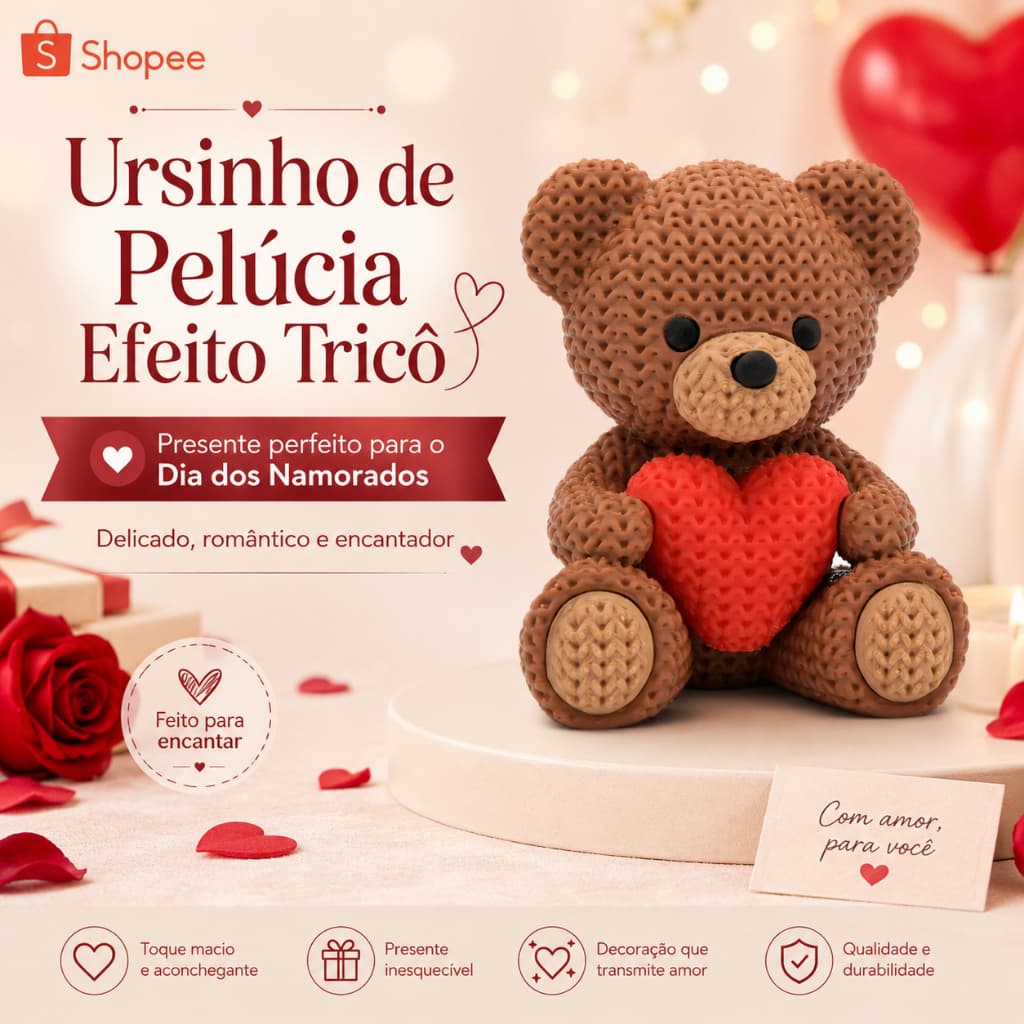 Ursinho 3D Efeito Tricô com Coração Lembrancinha Dia dos Namorados Presente