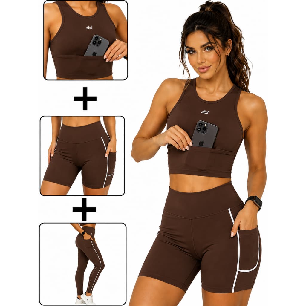 Kit Conjunto Alta Compressão Top Com bolso Short Ciclista Calça Legging Com Bolsos Suplex Para Treino