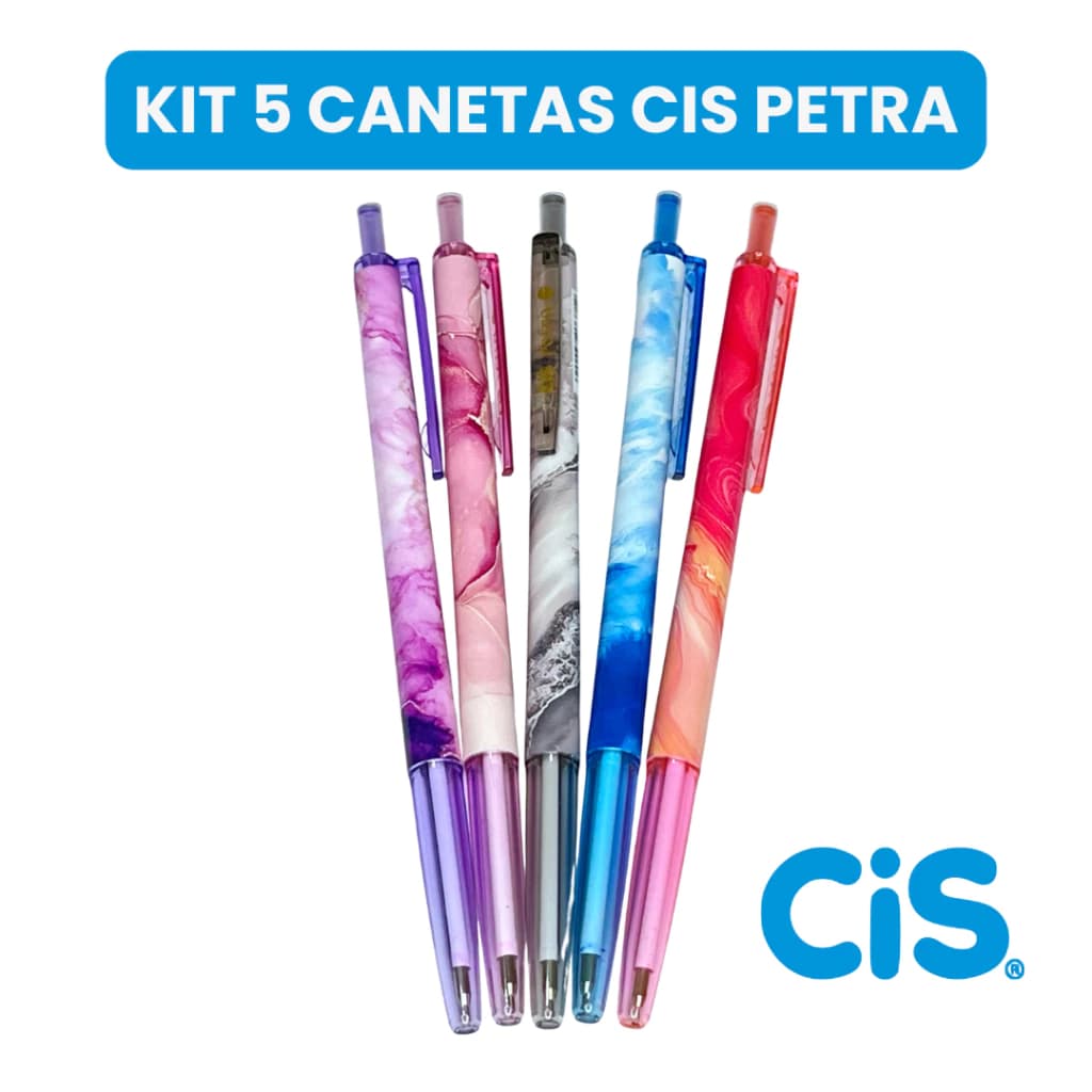 Caneta Esferográfica Retrátil Petra CIS 0.7mm | Kit com 5 Cores | Ponta Agulha Marmorizada