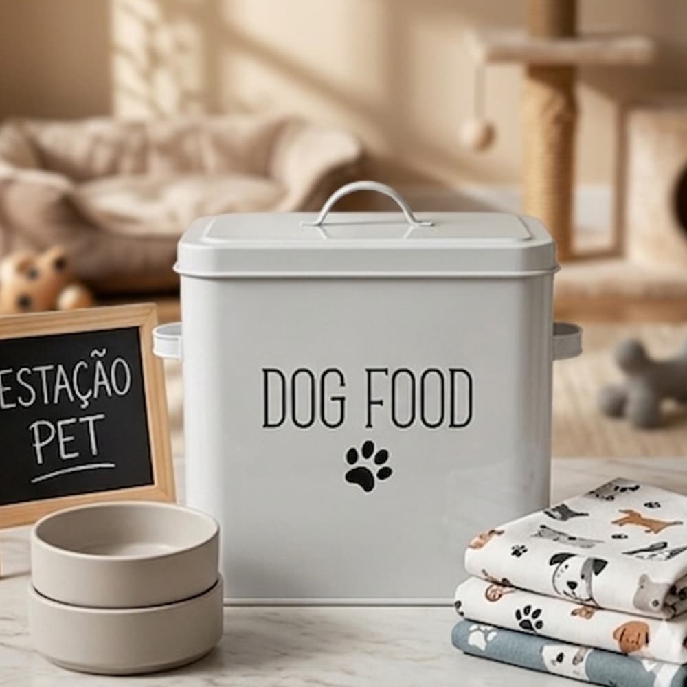 Porta Ração de Metal Dog Food Hermético Prático Higiênico para Cães e Gatos Dolce Home
