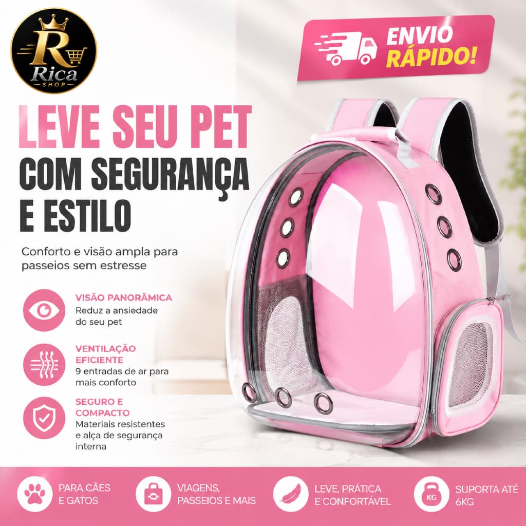 Mochila Pet Transporte Cães Gatos Visão Panorâmica Ventilada Até 6kg Confortável