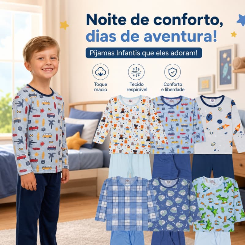 Kit Pijama Infantil Menino Roupa de Dormi Inverno Pijama Comprido Sortido Tamanho 2 ao 16 Anos