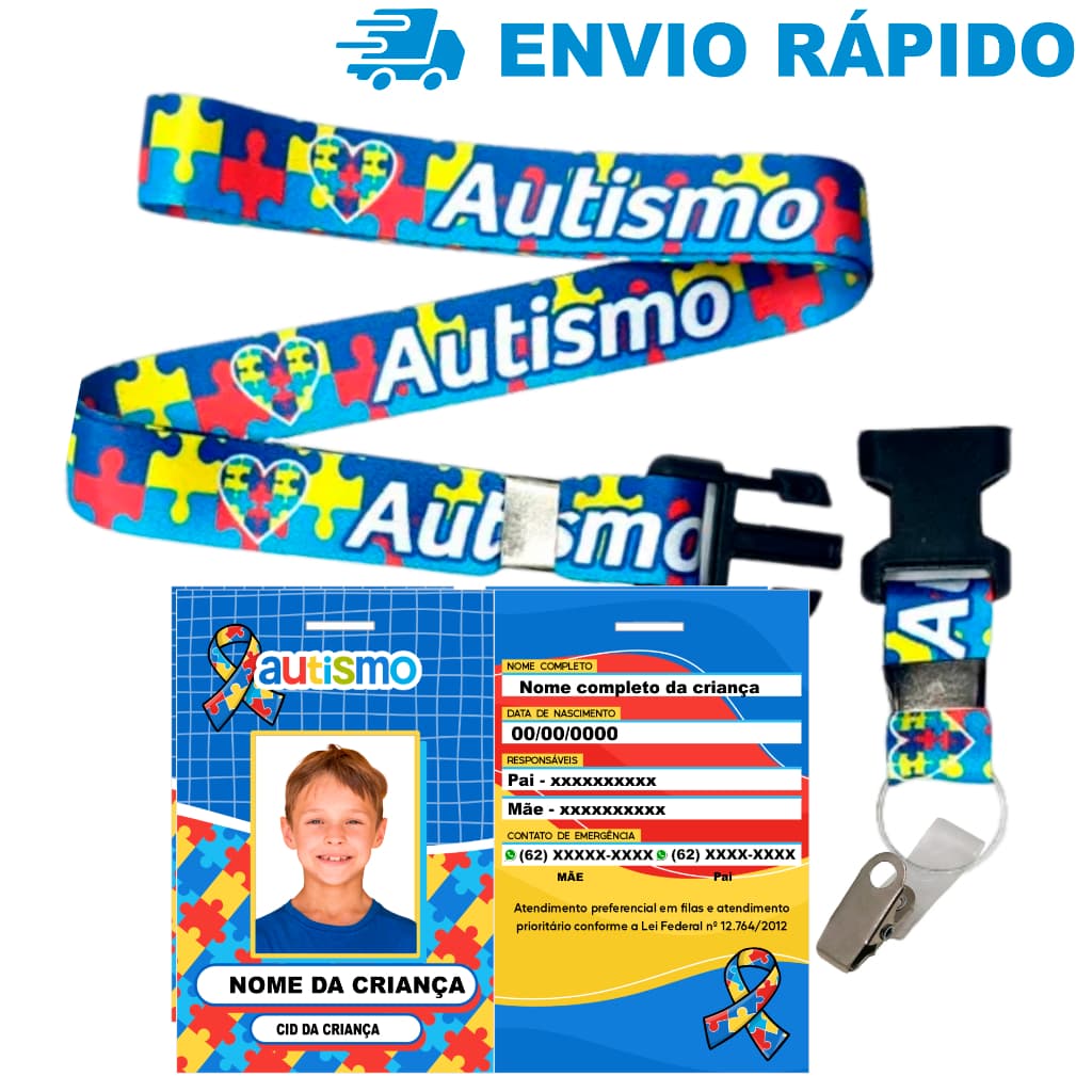 Crachá Autista + Cordão Premium Tudo Personalizado / Opçao Azul ou Rosa com Cartão do Sus (ENTREGA RÁPIDO)