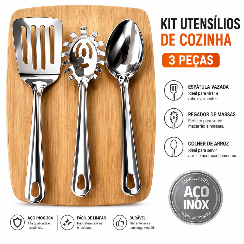 Conjunto Inox 03 Peças Colher Pegadora de Massas Espátula Vazada Cozinha Buffet Restaurante