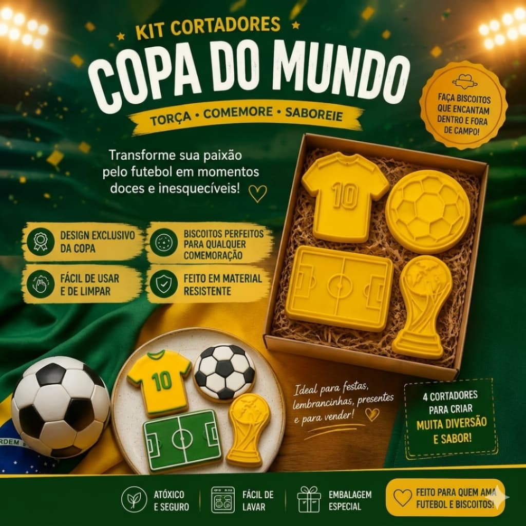 Kit 4 Cortadores de Cookie Biscoito Copa do Mundo Futebol Hexa e Decoração Confeitaria Biscuit