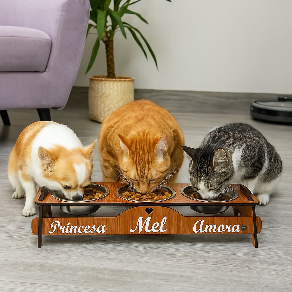 Comedouro Bebedouro PERSONALIZADO Triplo Elevado Com Tigelas Inox