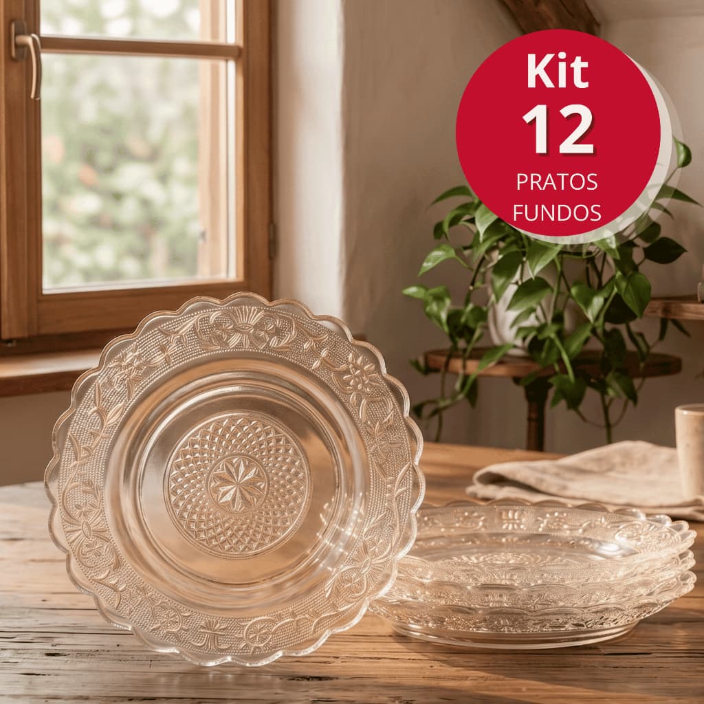 Kit 6/8/12 Pratos De Vidro Egípcio Fundo Transparente Estrela 22cm Moderno Resistente e Sofisticado