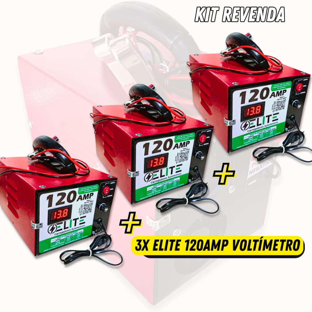 Kit 3 Carregador de bateria 12V 5Ah Voltímetro Elite Revenda Atacado Bivolt Carga Lenta Rápida Turbo Ventilação