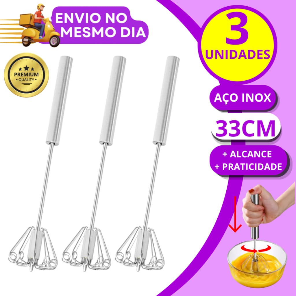 KIT 2/3/5 Batedor de Ovos Claras Semi Automatico Aço Inox Fue Fuet Manual Mixer Profissional Multiuso