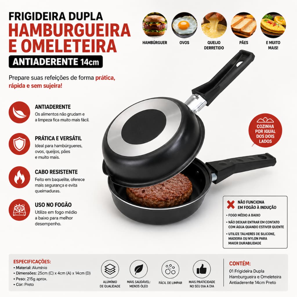 Frigideira Dupla Hamburgueira Omeleteira Antiaderente 14cm Não Gruda Preta