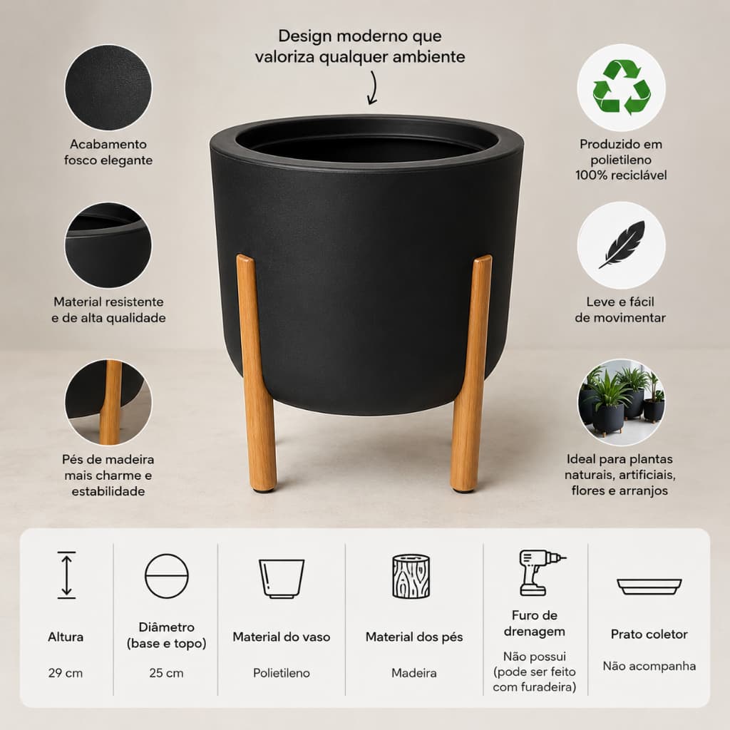 Vaso para planta Nordico cilíndrico com base em madeira design moderno sofisticado decoração de interiores - G