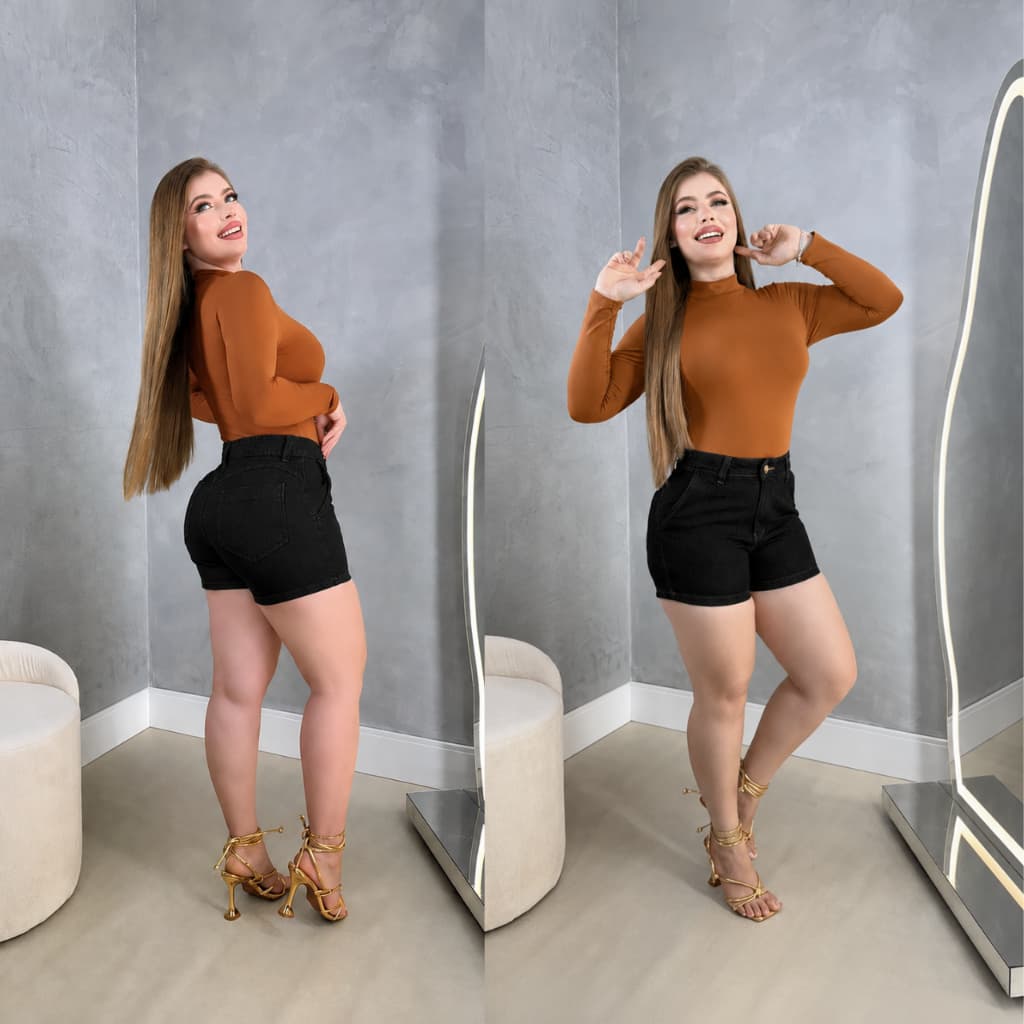 Short Jeans Preto Feminino Cintura Alta Premium Modelagem Perfeita Casual e Elegante