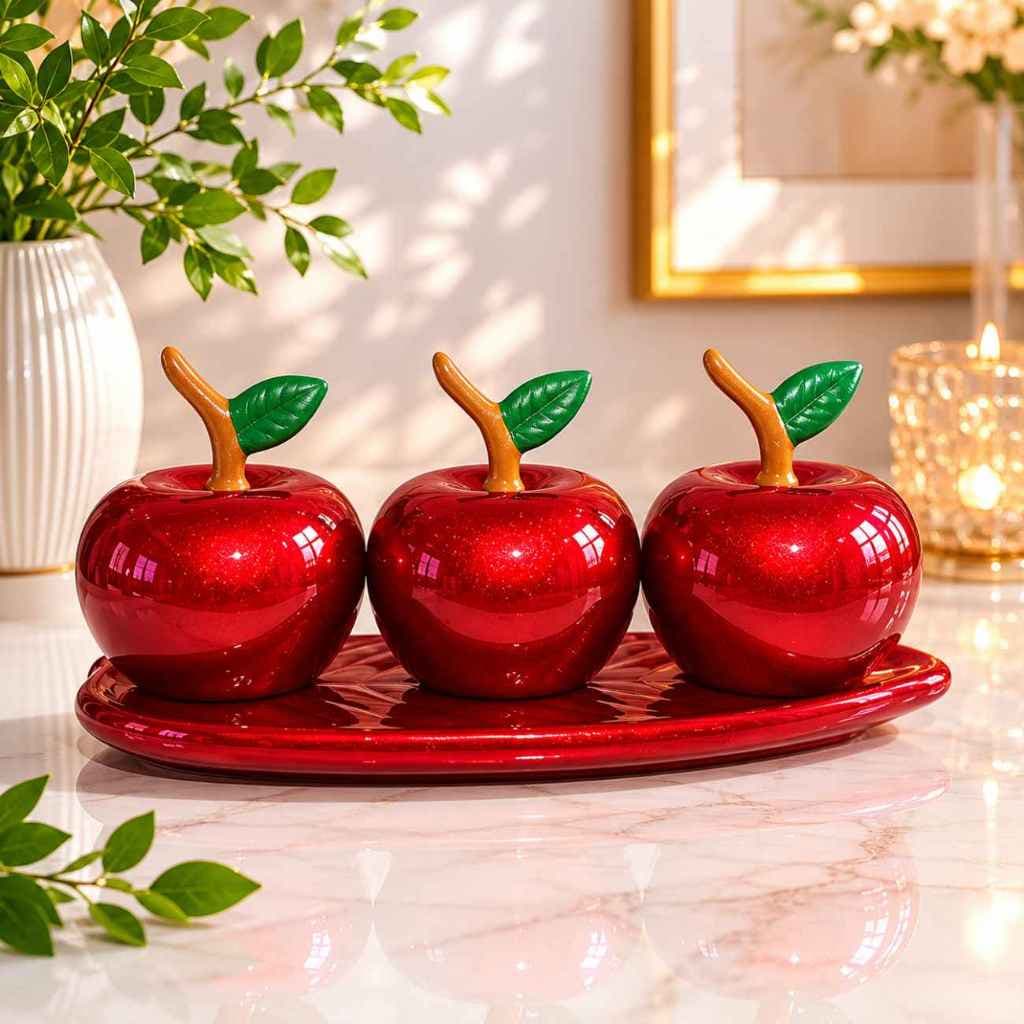 Kit Decorativo de Maças Vermelhas em Cerâmica com Bandeja de Luxo