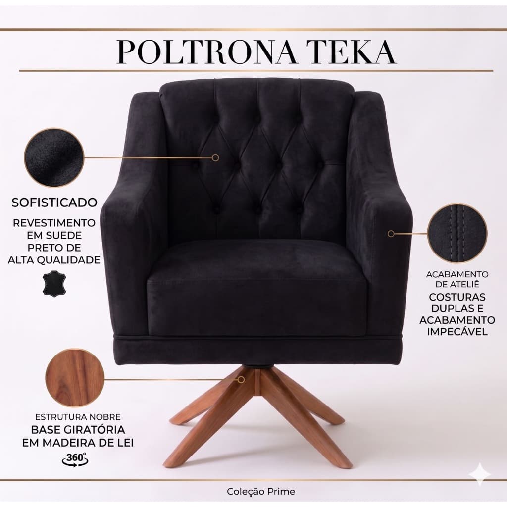 Kit 2 Poltronas Decorativas Teka Giratórias Suede Preto Moderna
