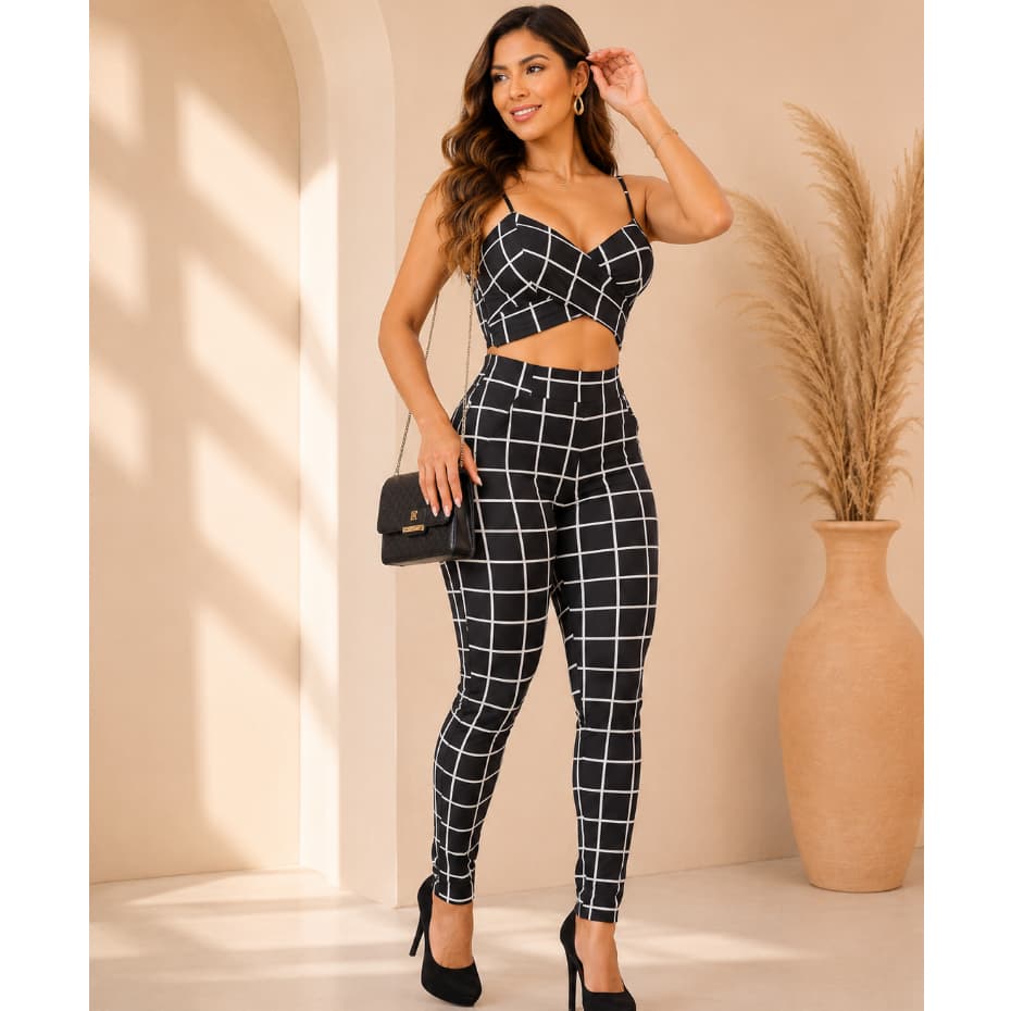 Conjunto Imperium Calça Cintura Alta + Cropped Com Bojo Moda Feminina Elegante
