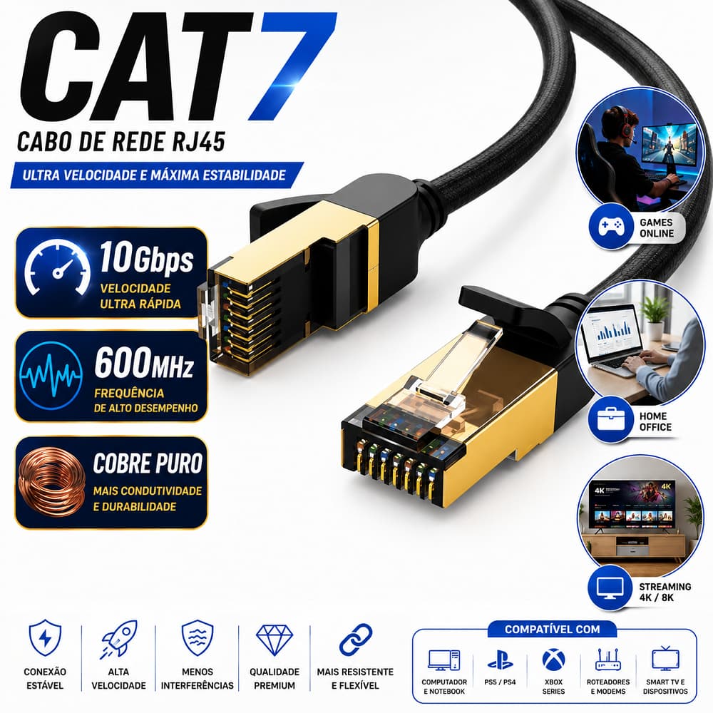 Cabo de Rede CAT7 RJ45 Ethernet Lan 600MHz 10Gbps Alta Velocidade Para Computador Videogame