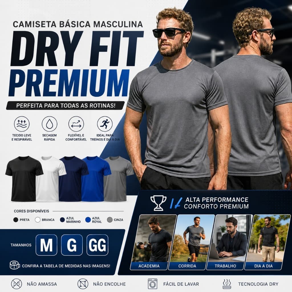 Kit Camisetas Masculina Dry Fit Premium para Academia Básica Confortável Manga Curta Malha Fria